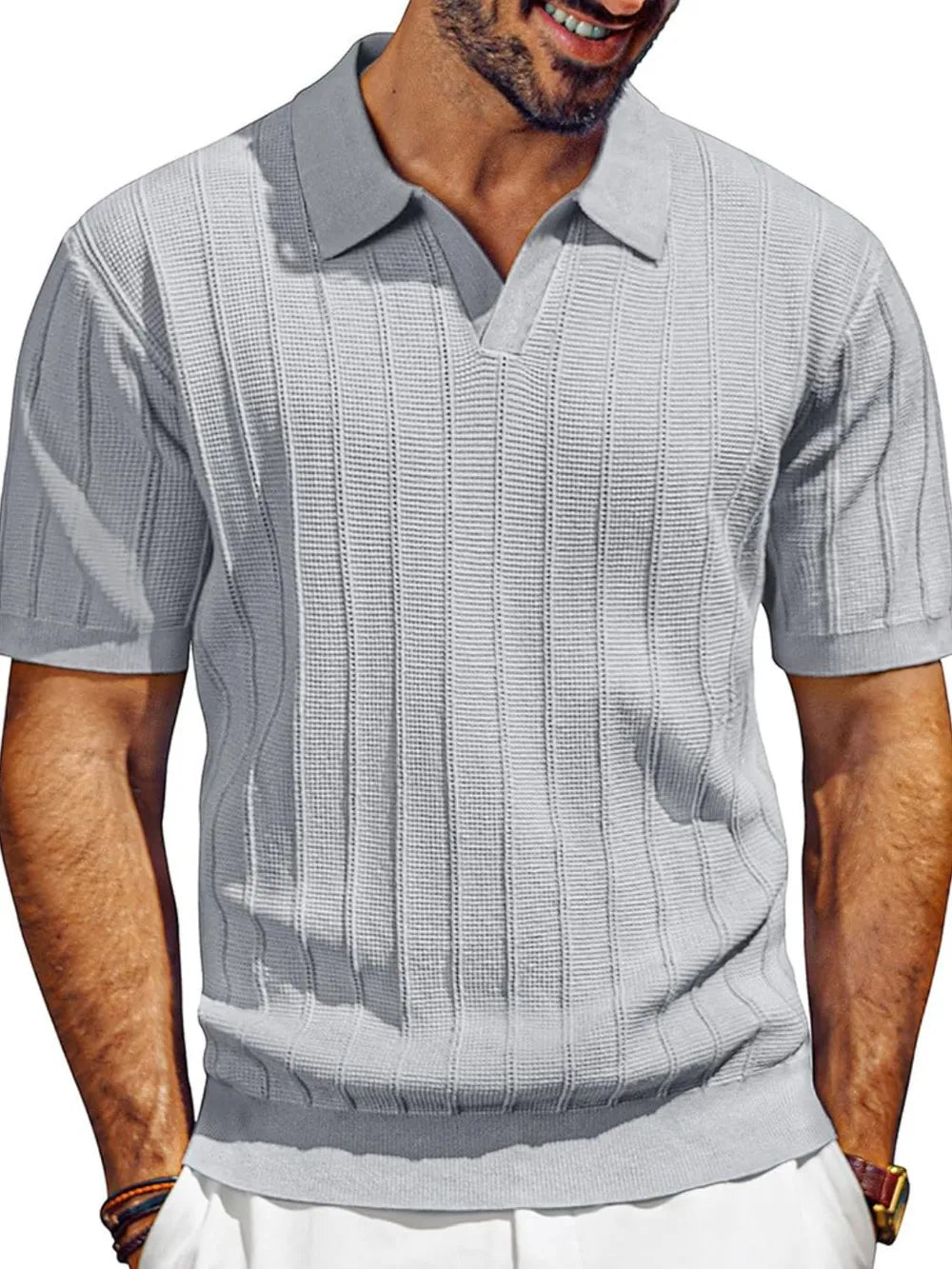Men's textured polo shirt with collared neck, short sleeves, gray