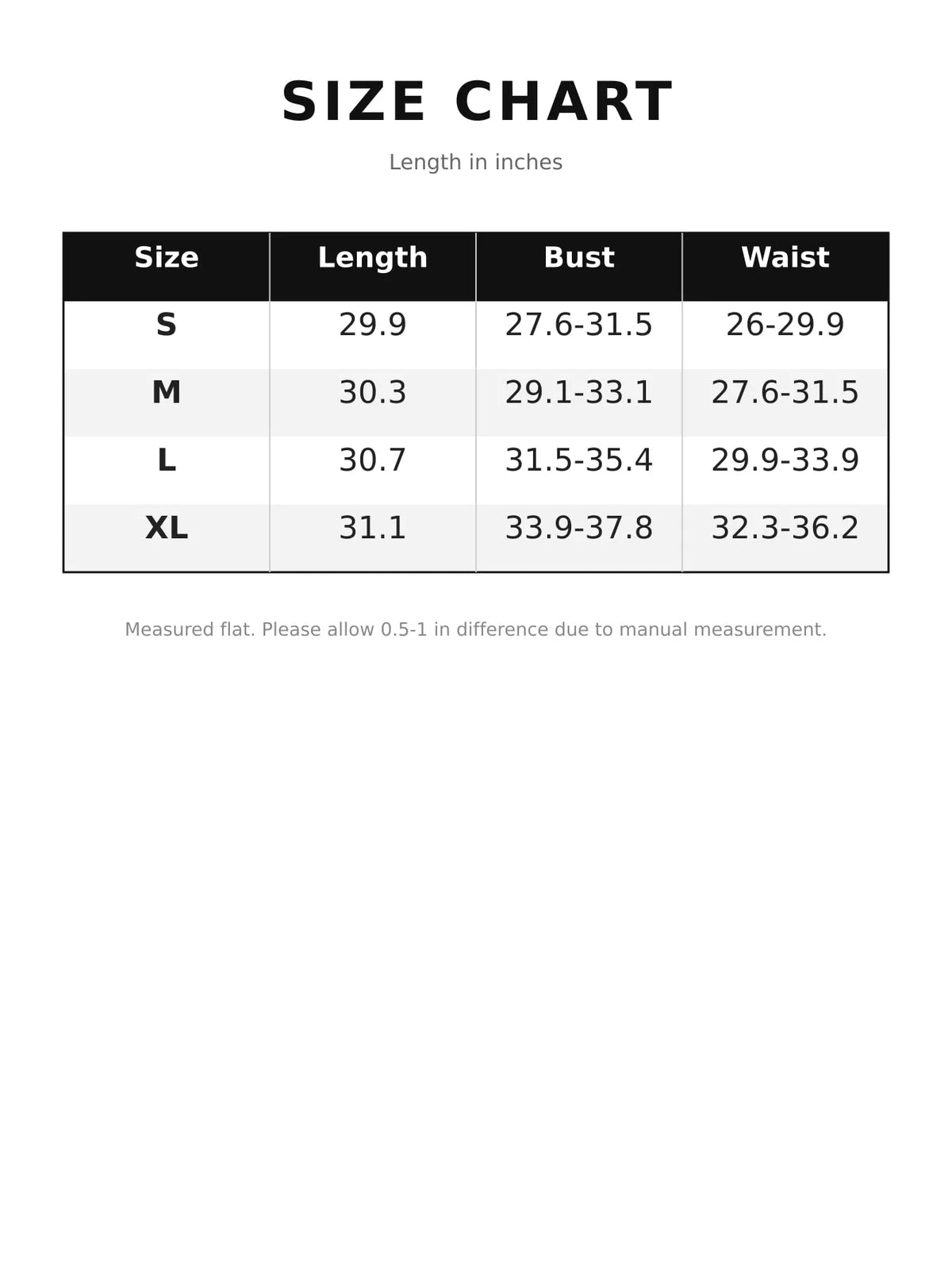 Size chart table with S, M, and XL measurements for length, bust, and waist