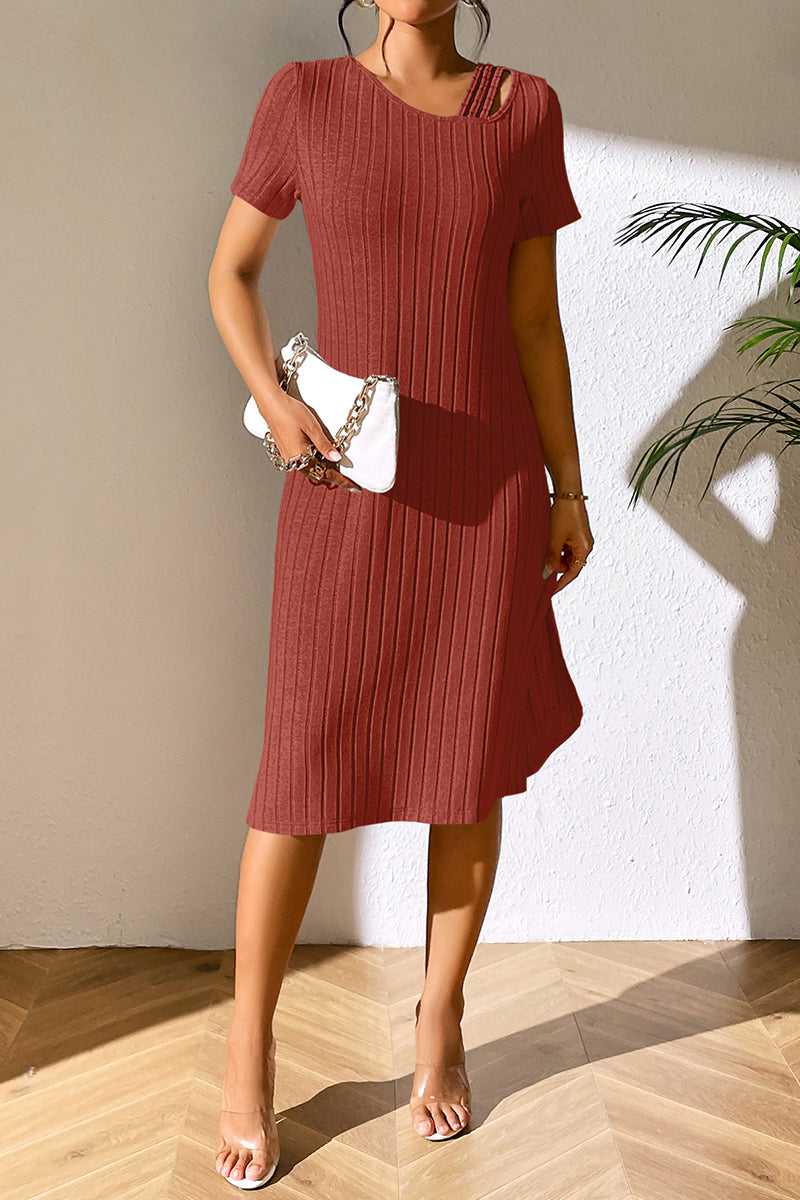 Orange-red ribbed knit short-sleeve dress with asymmetrical neckline and waist shaping