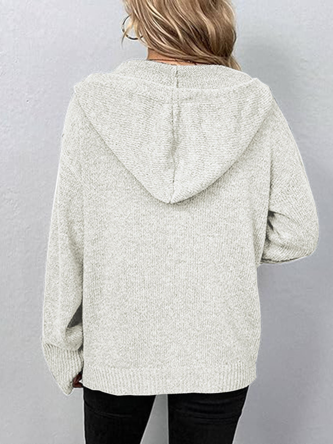 White hooded button cardigan, back view with attached hood and ribbed hem