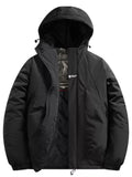 Black hooded padded winter jacket with full-zip and side pockets