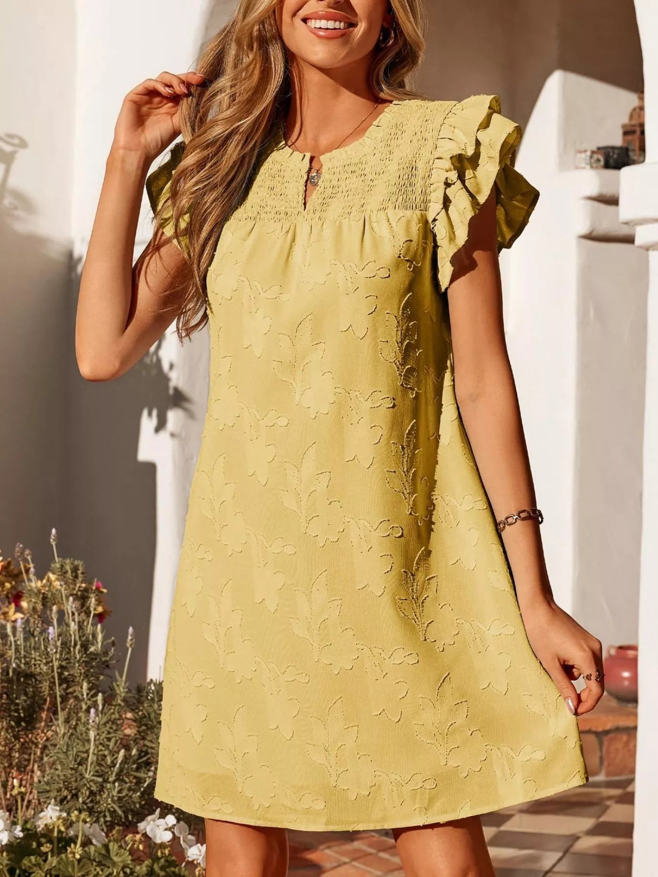 Floral embossed ruffle-sleeve mini dress in yellow