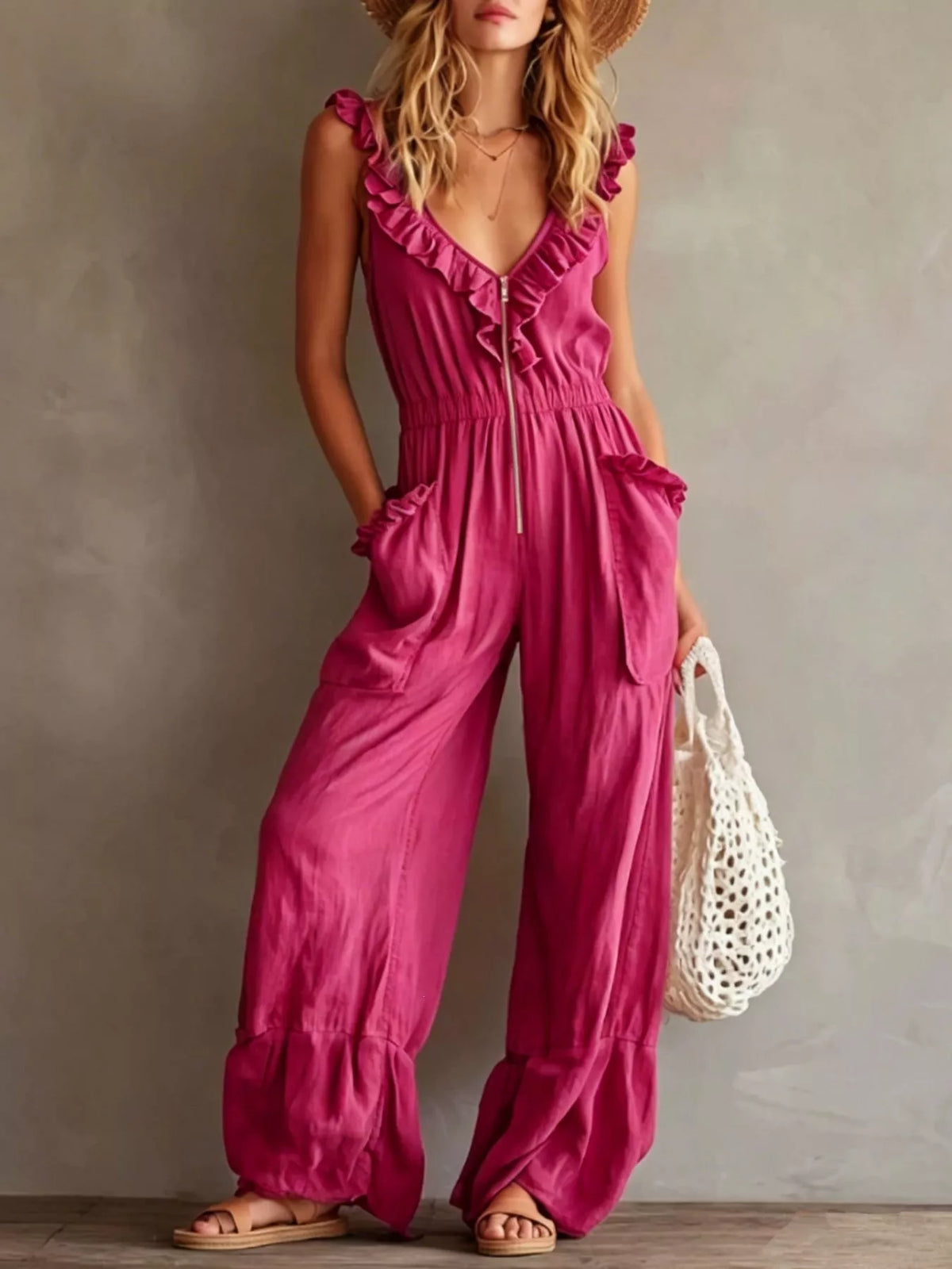 Ruffled V-neck wide-leg jumpsuit in deep pink with drawstring front and pocketed legs