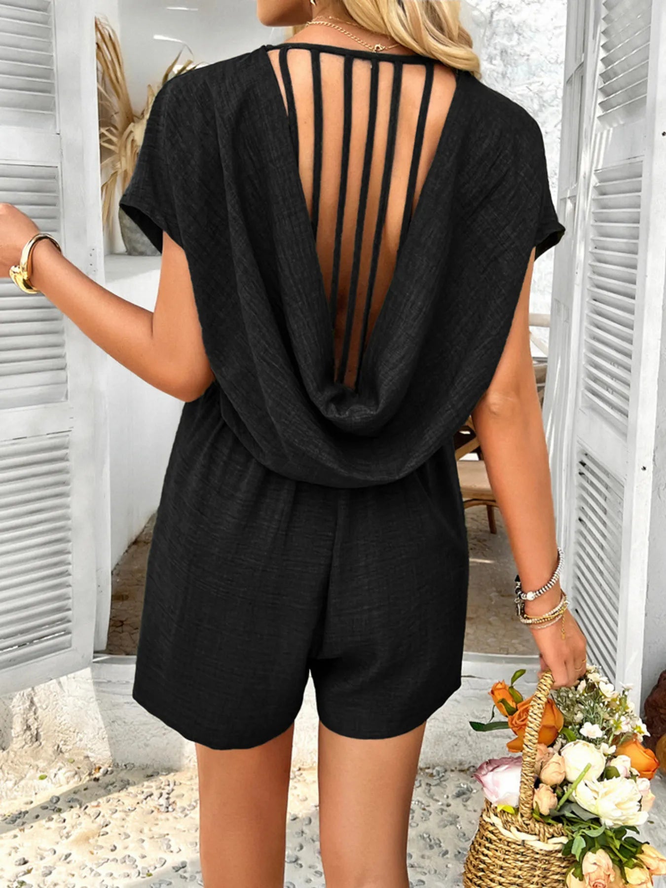 Black hooded backless short-sleeve romper with open back straps