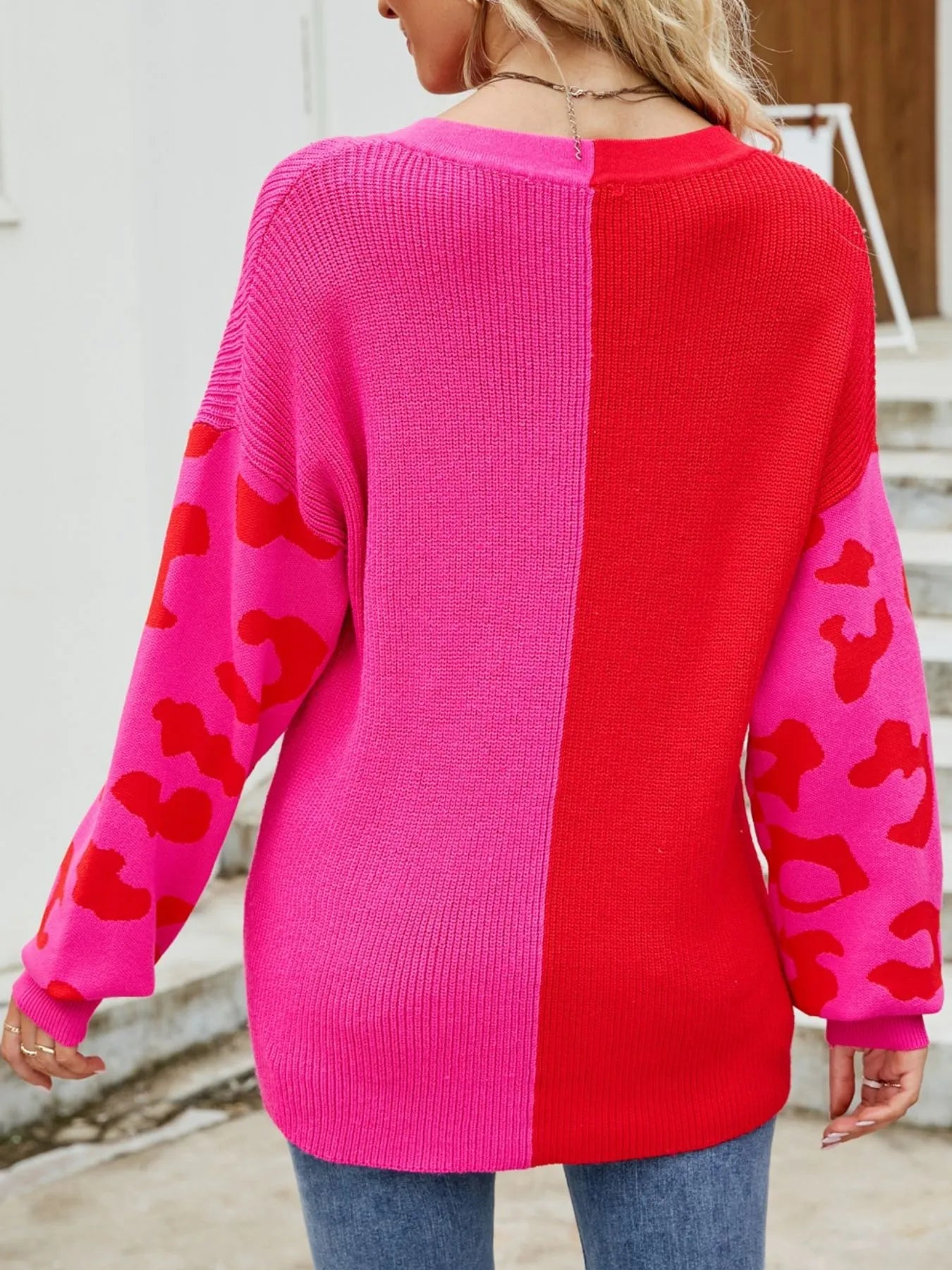 V-neck sweater back, hot pink with red center panel and leopard-print sleeves