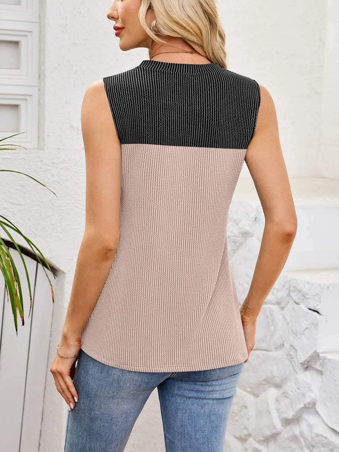 Textured round neck tank, back view, dark chest panel and light taupe lower body