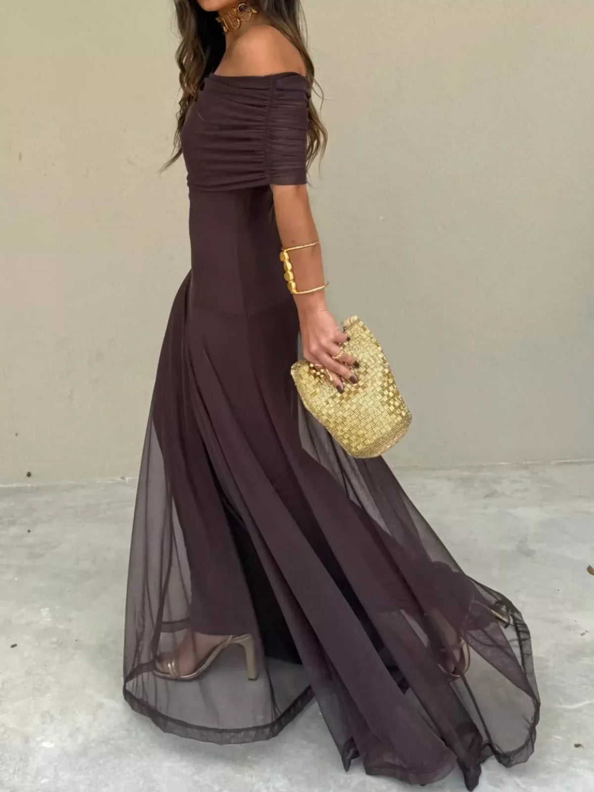 Coffee off-shoulder ruched sheer mesh maxi dress with off-shoulder neckline and flared hem