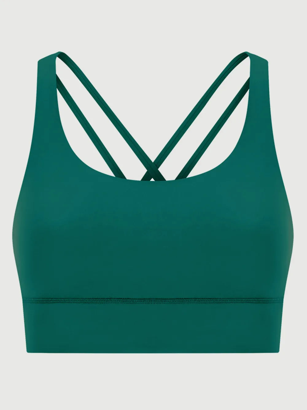 Dark green crisscross-back active tank sports bra, scoop neckline