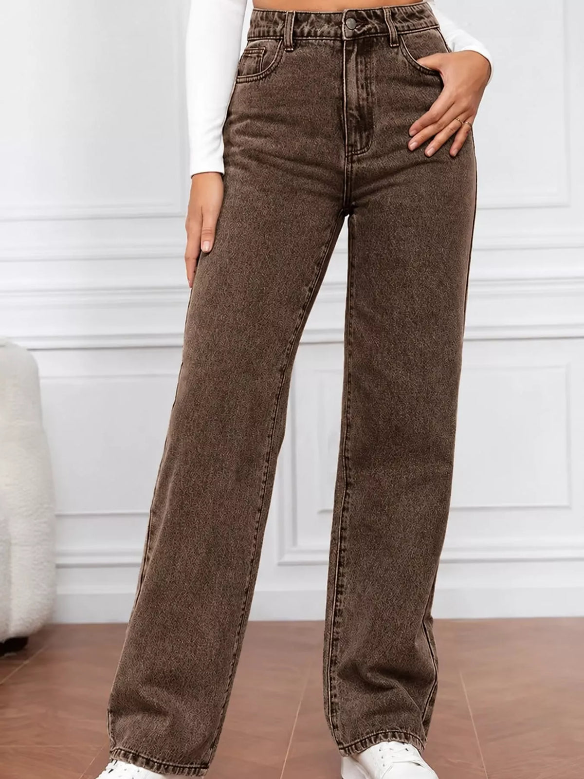 High-waisted vintage wash denim jeans, brown/taupe, wide straight-leg fit