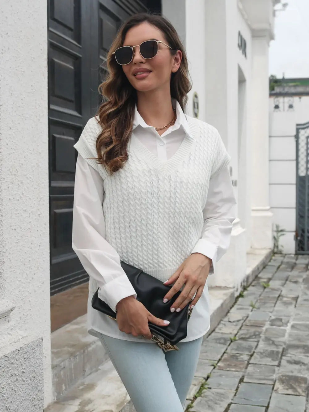 Cable-knit V-neck sweater vest, white sleeveless textured knit