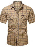 Men's tan plaid short-sleeve button-up shirt with two chest flap pockets