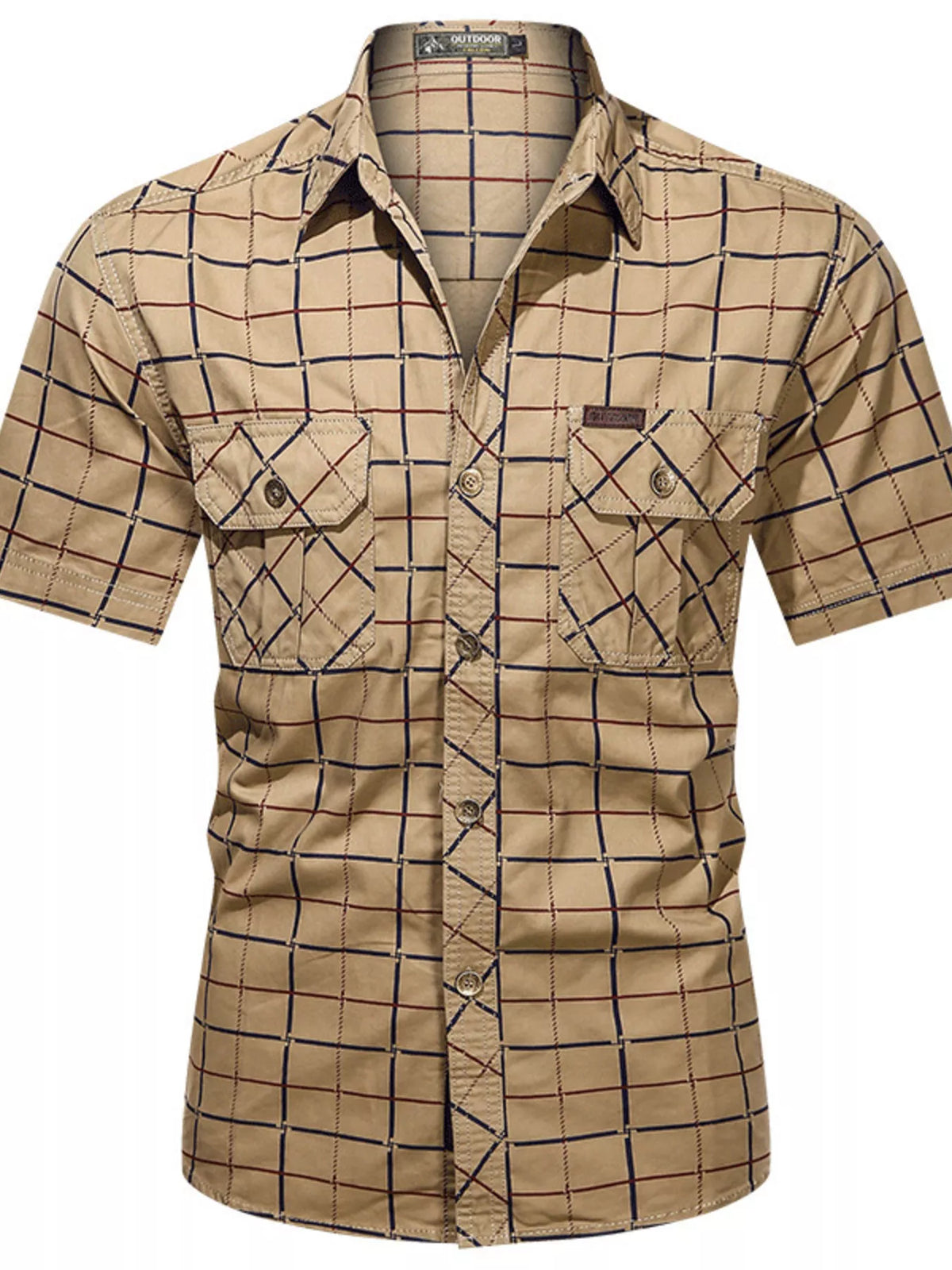 Men's tan plaid short-sleeve button-up shirt with two chest flap pockets