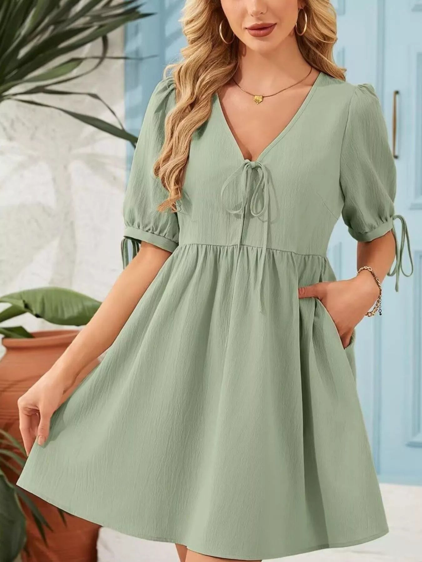 Tie-Neck Puff Sleeve A-Line Mini Dress by Trendsi in sage green