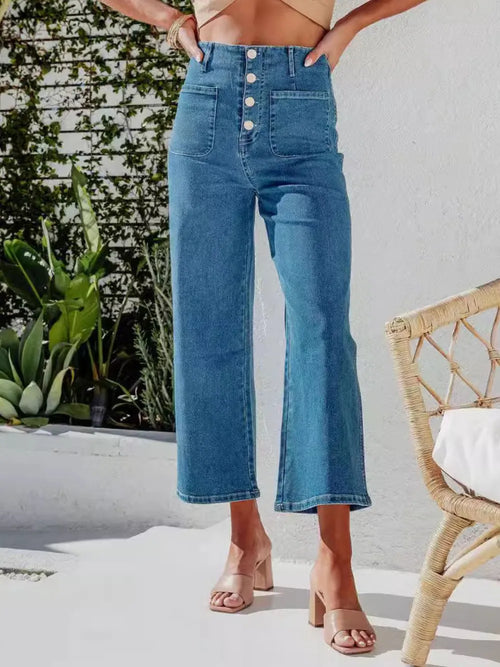 Button-fly cropped jeans in light blue wash, high-rise waist, front pockets and belt loops