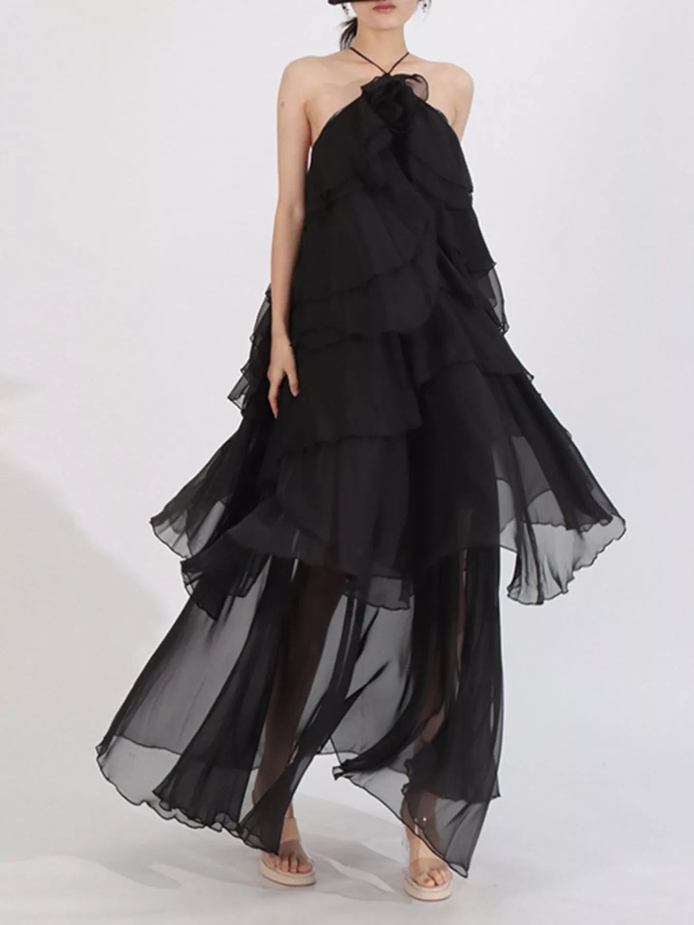Black ruffled chiffon halter neck maxi dress with layered ruffle skirt