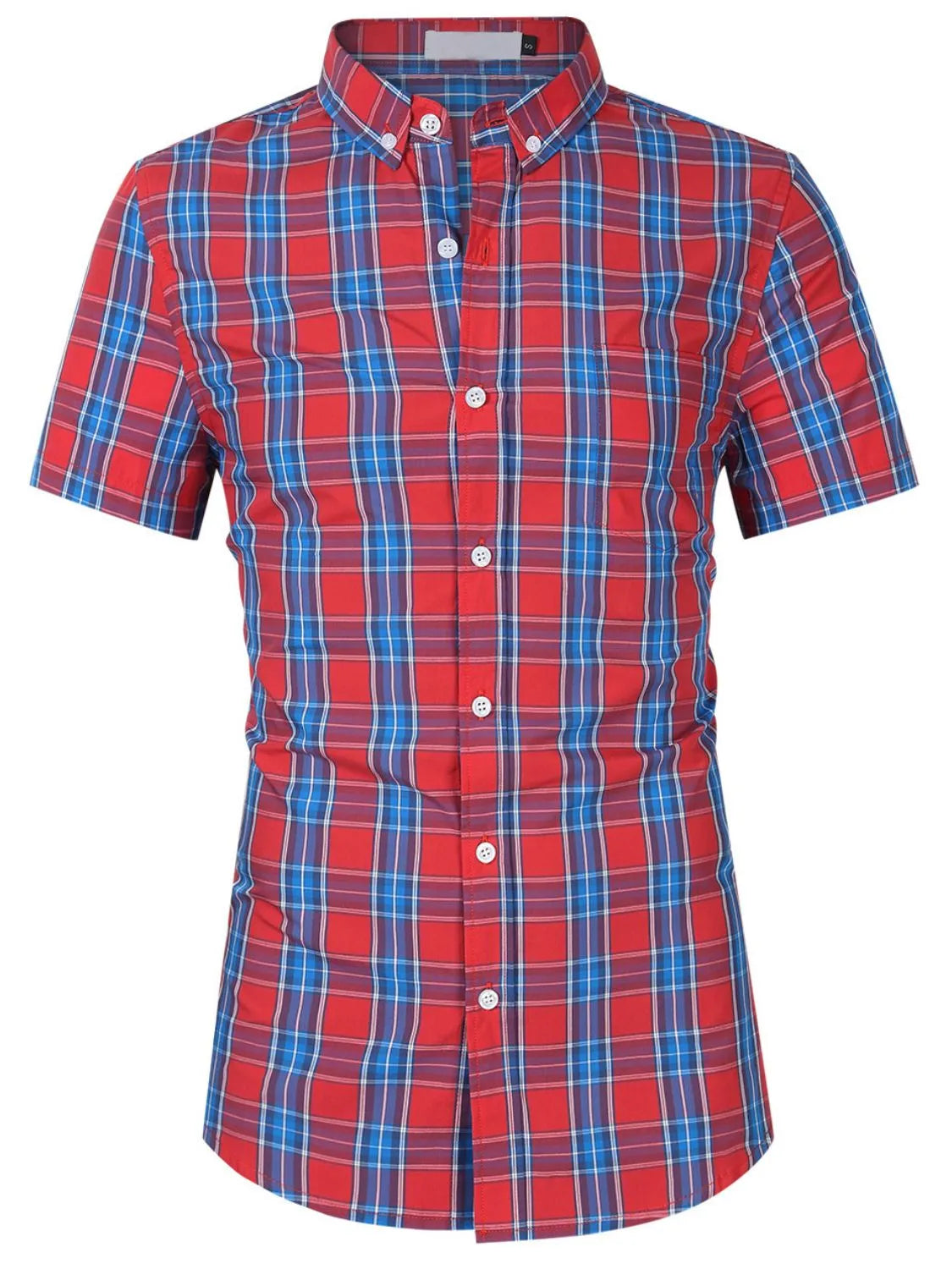 Red and blue plaid short-sleeve collared button-up shirt with front buttons