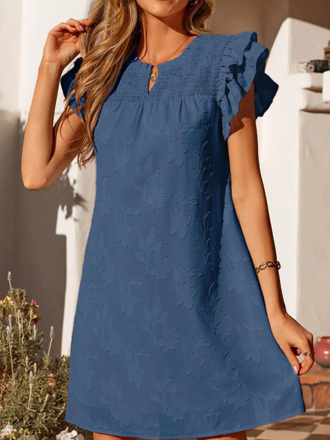 Blue floral-embossed mini dress with smocked bodice and ruffle sleeves by Trendsi