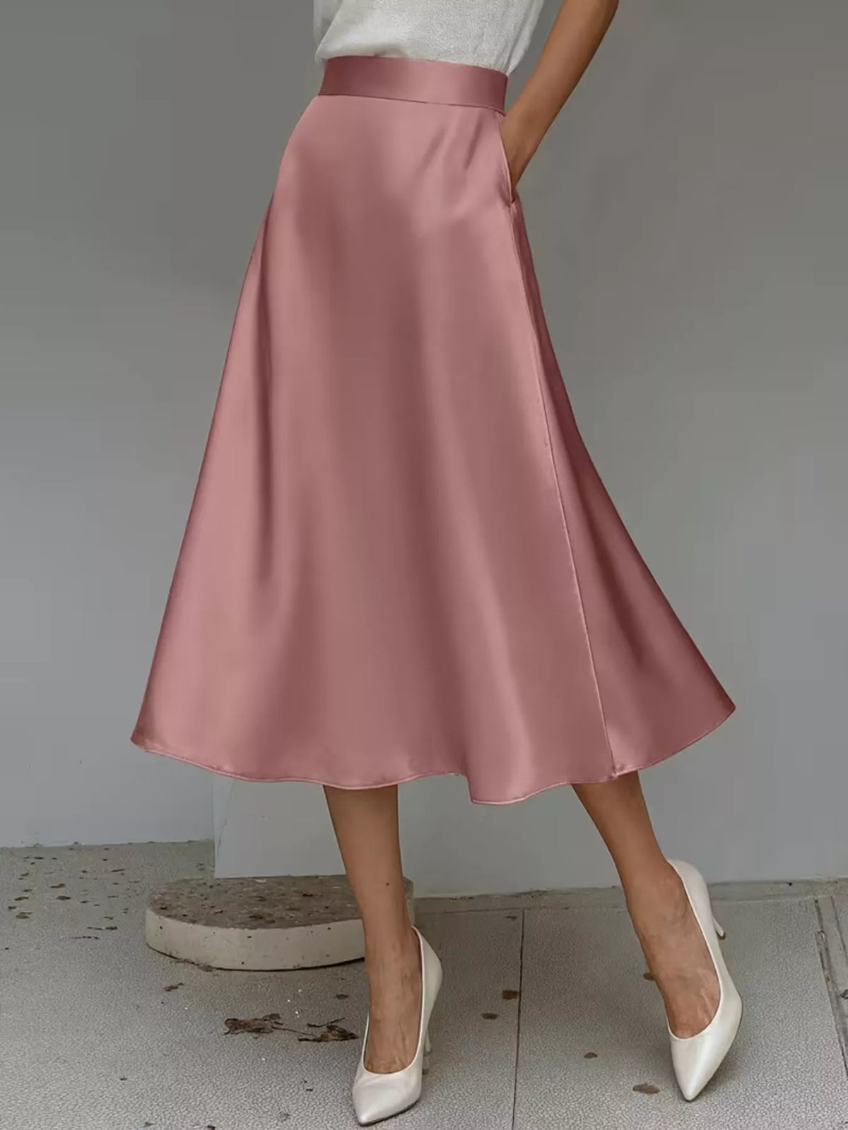 High-waist satin midi skirt with pockets, soft pink satin A-line midi length