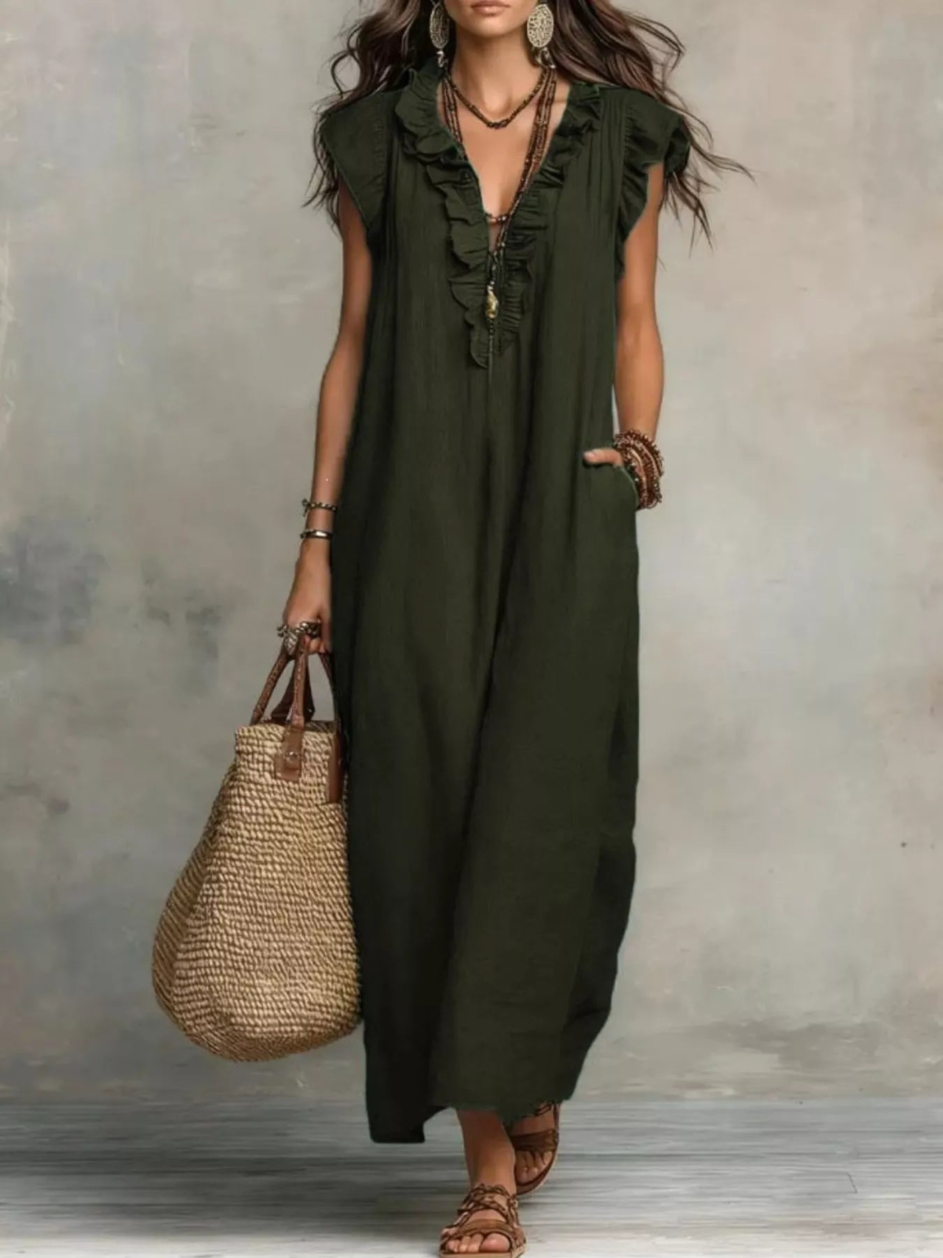 Dark olive ruffled V-neck maxi dress with cap sleeves and front decorative trim