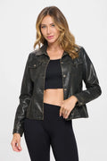 Black vegan leather button-down cargo shacket with flap chest pockets and long sleeves