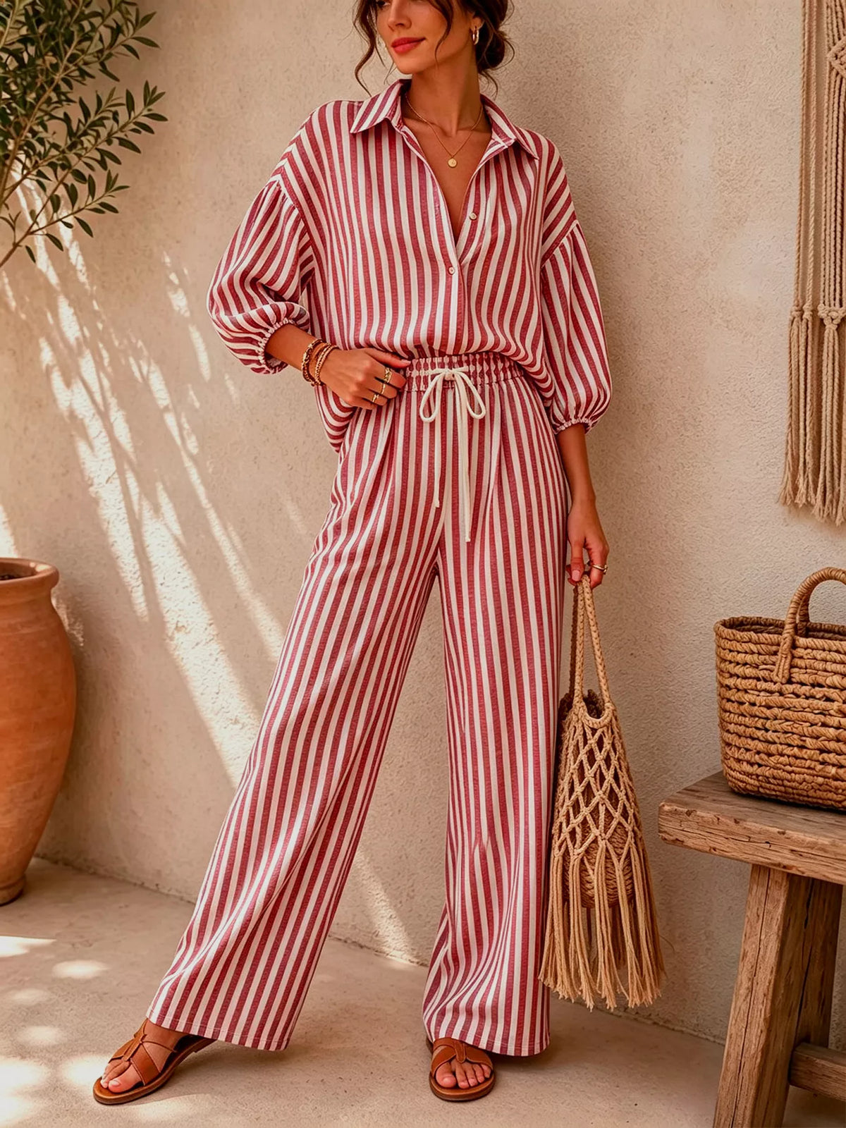 Red-and-white striped collared shirt and wide-leg pants set with drawstring waist