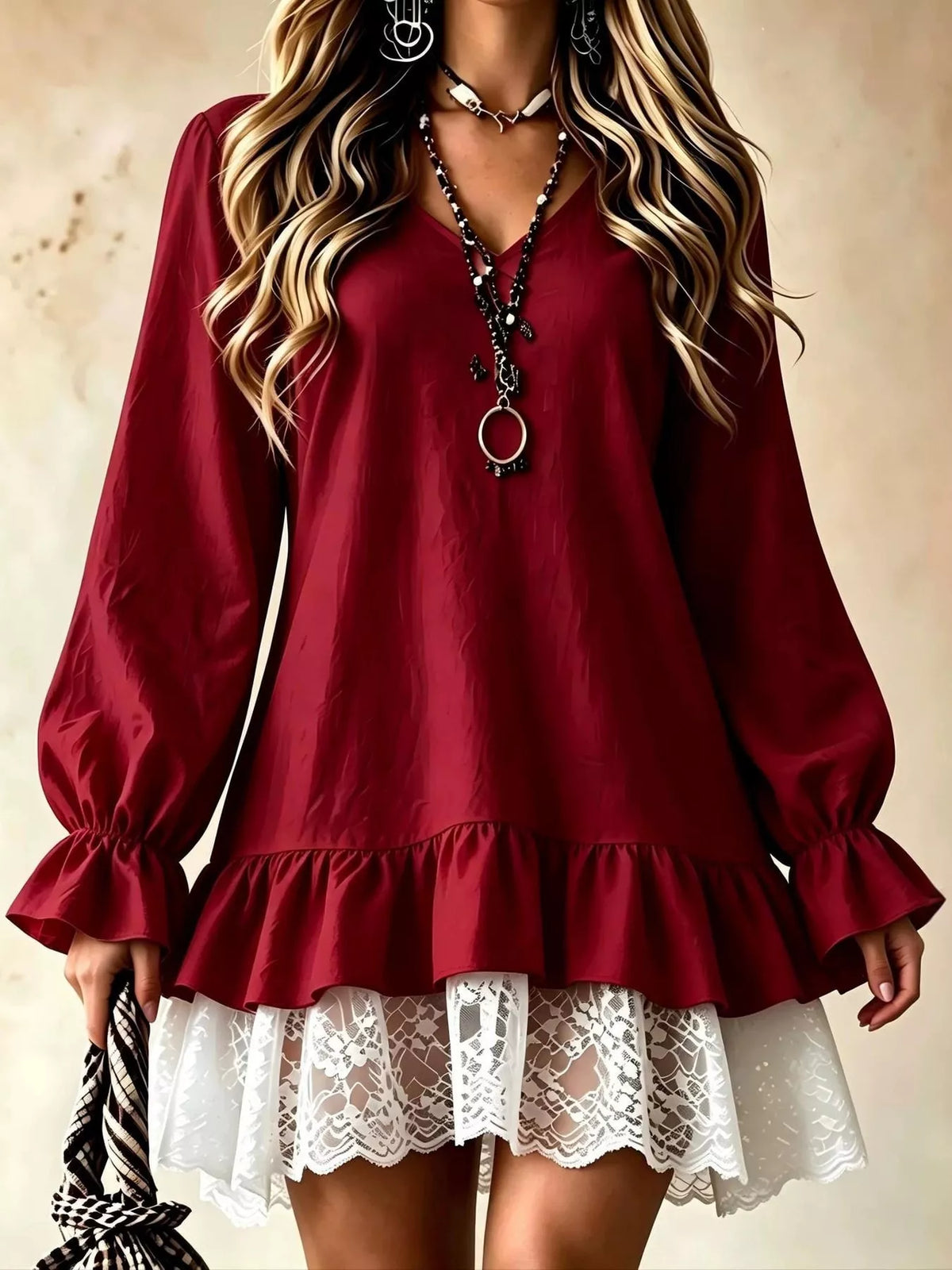 Burgundy V-neck flounce sleeve dress with lace-trimmed hem and gathered ruffle