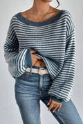 Blue and white striped boat-neck long sleeve sweater with ribbed cuffs and hem