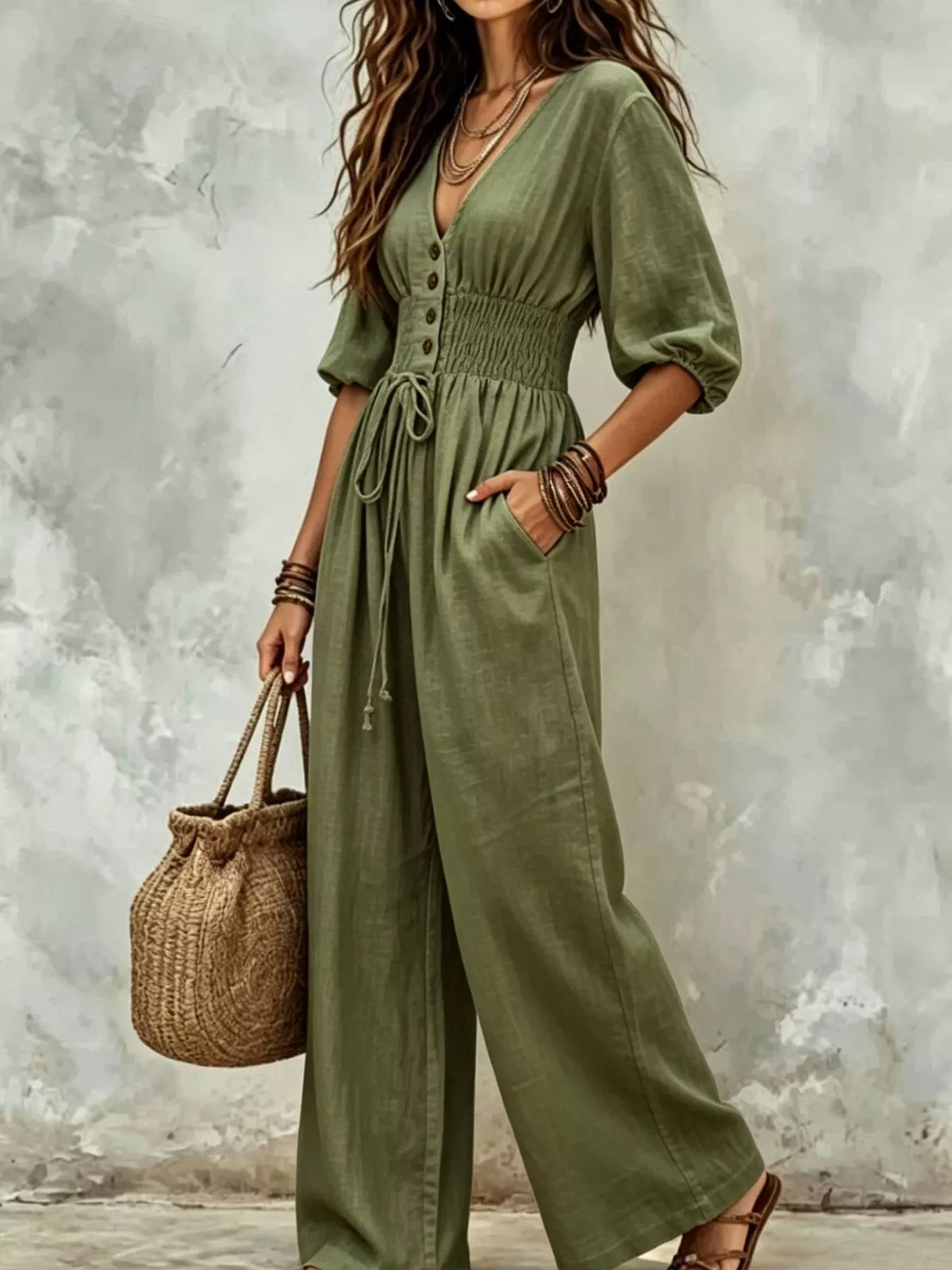 Army green v-neck smocked-waist wide-leg jumpsuit with button front and pockets