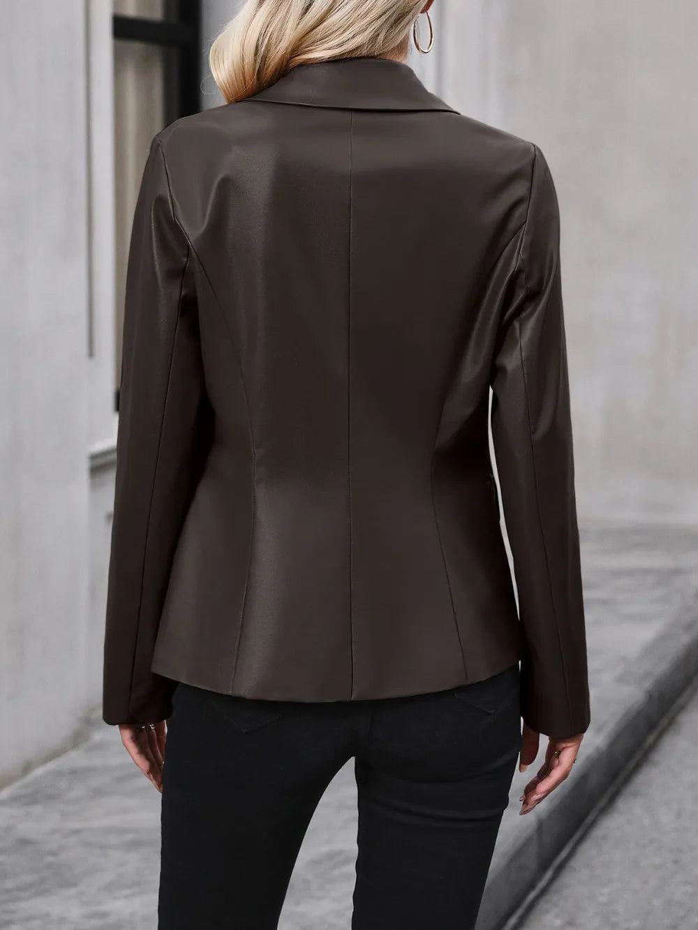 Dark brown collared button-up blazer, long sleeves, tailored fit (back view)