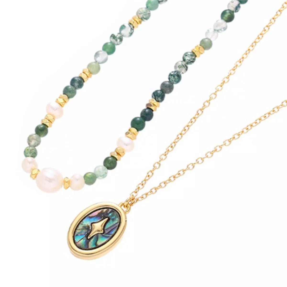 Gold-plated oval pendant necklace with multicolor bead strands and white freshwater pearls