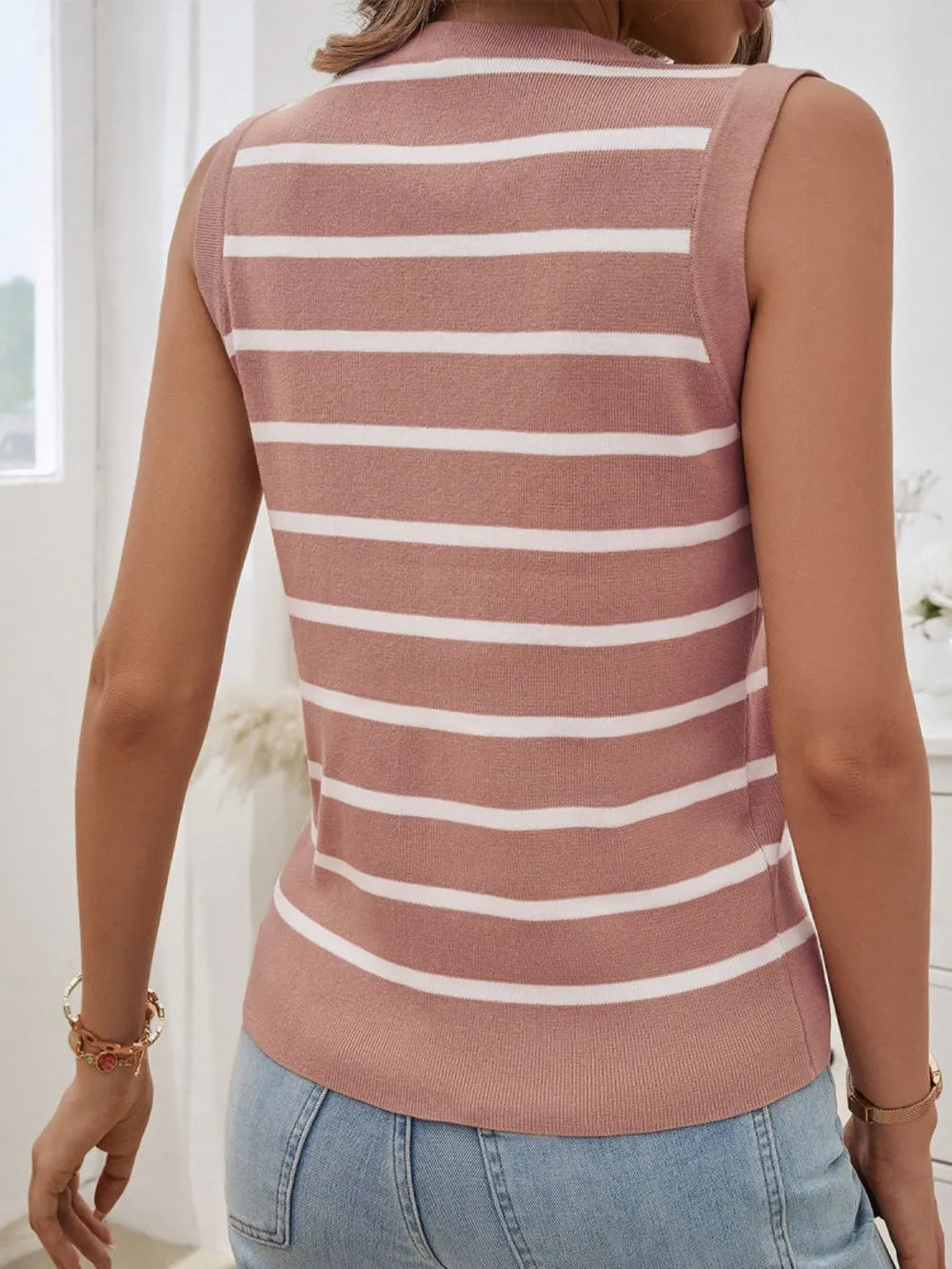 Back-view blush-and-white striped knit tank top, sleeveless