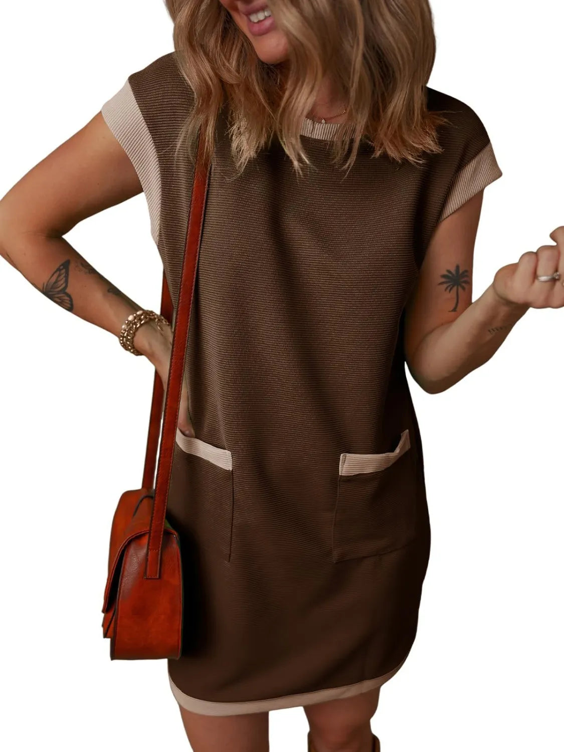 Round Neck Cap Sleeve Mini Dress in brown with beige pocket trim