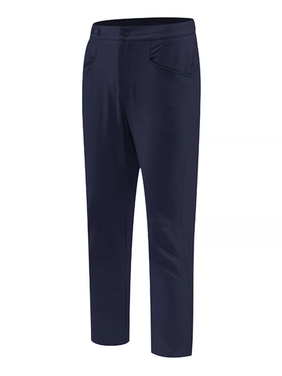 Men's slim-fit stretch casual pants in navy blue, flat side view with pocket details