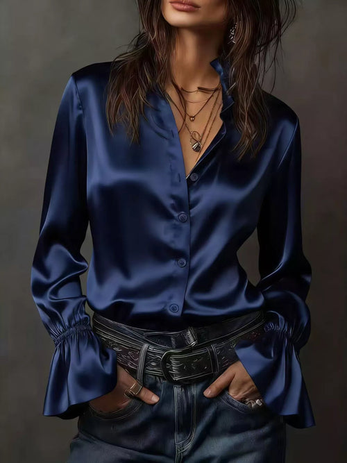 Navy satin button-up flounce sleeve shirt with front buttons and gathered cuffs