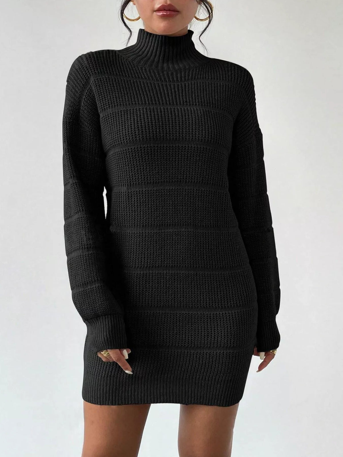 Ribbed turtleneck sweater dress, black, long sleeves, striped knit bands