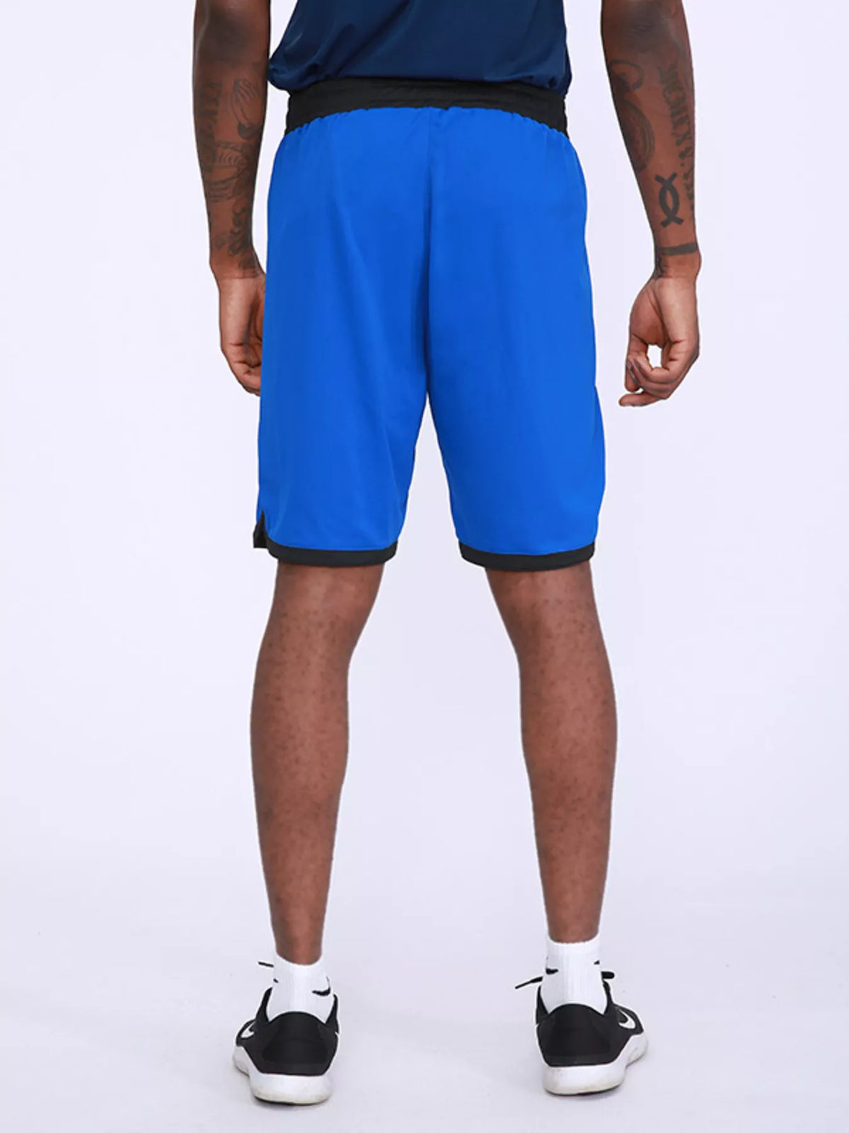 Men's blue active shorts with black waistband and straight hem