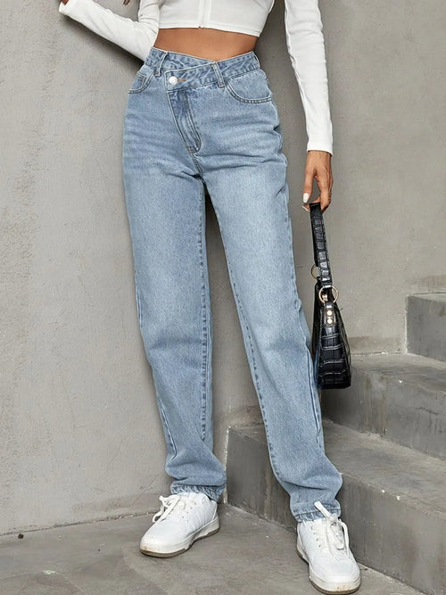 Light wash straight-leg jeans with button fly, belt loops, and 5-pocket design
