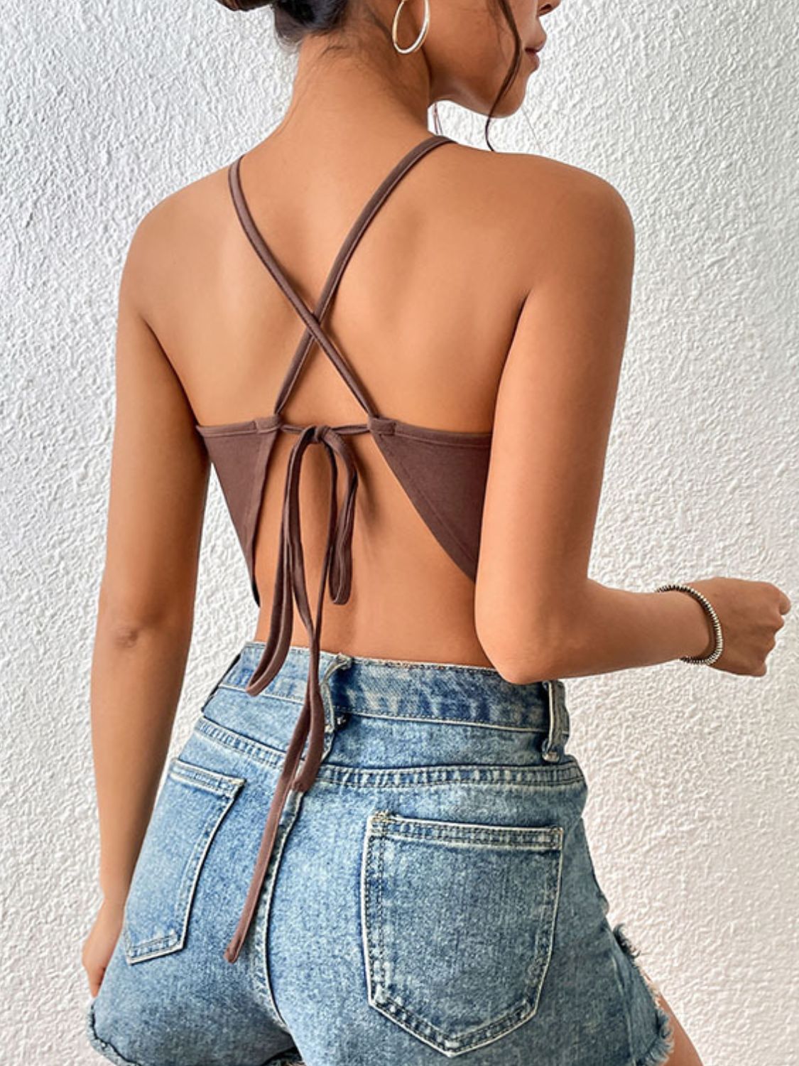 Mocha tie-back halter top with crisscross straps and open back detail