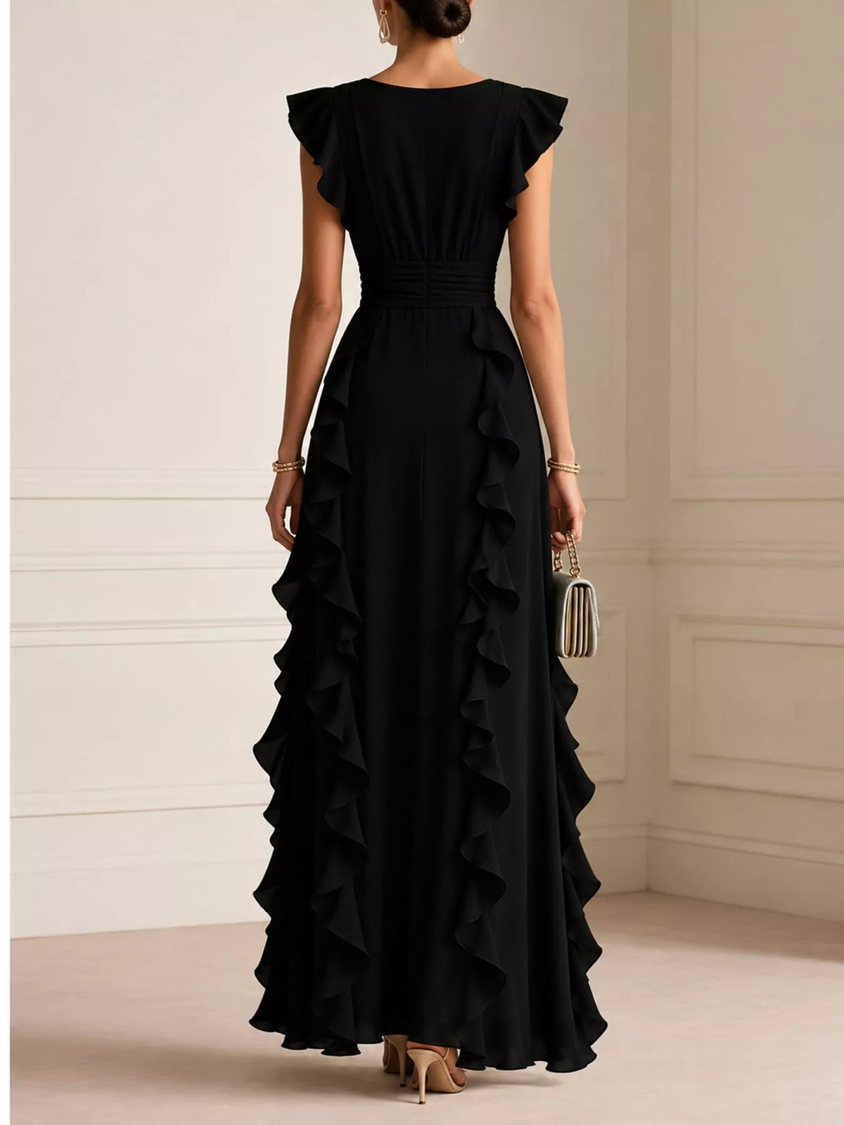 Black ruffled high-waist sleeveless maxi dress with V-neck and tiered ruffles