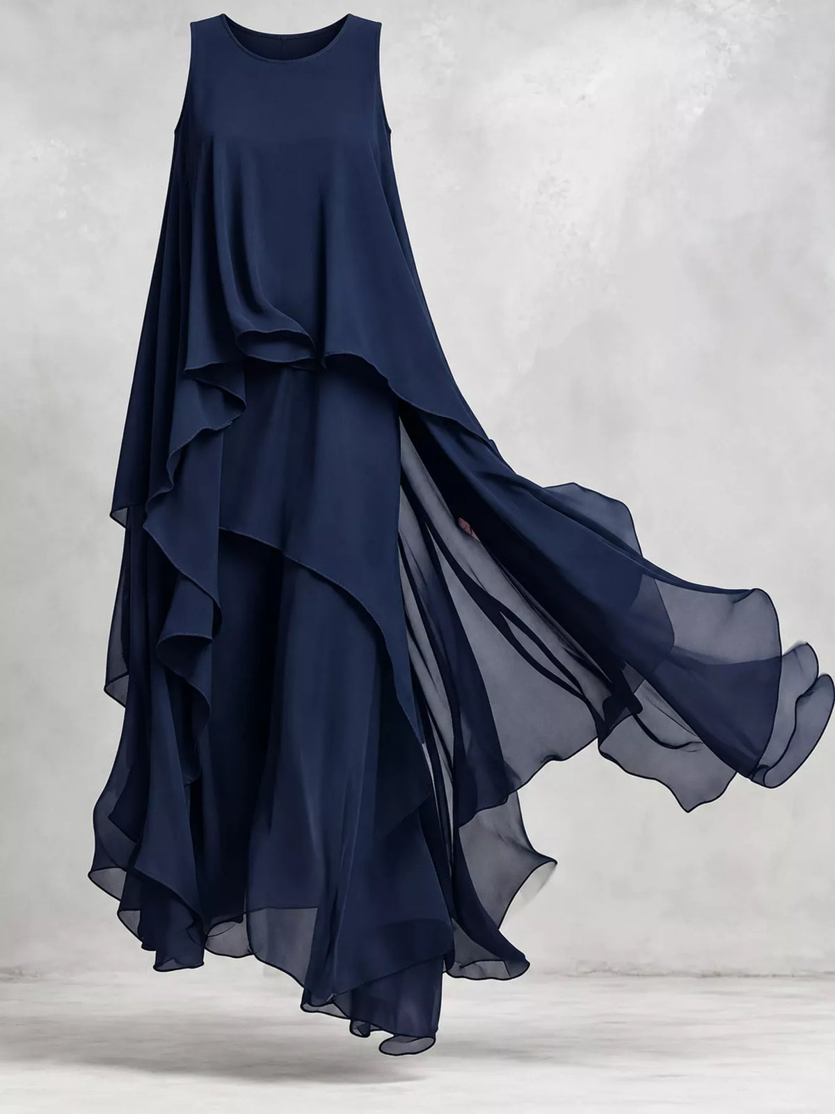 Navy sleeveless round-neck maxi dress with voluminous cascading ruffle tiers
