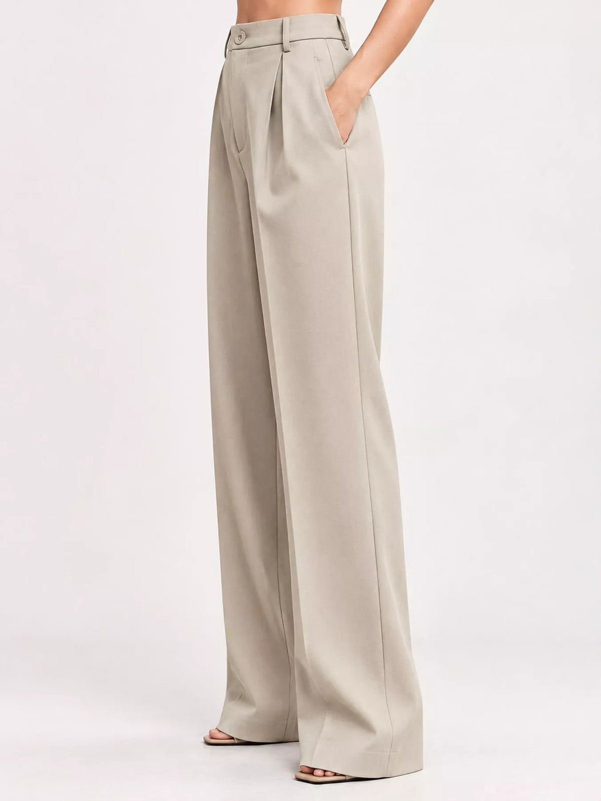 Light beige high-waisted pleated wide-leg pants with belt loops and button closure