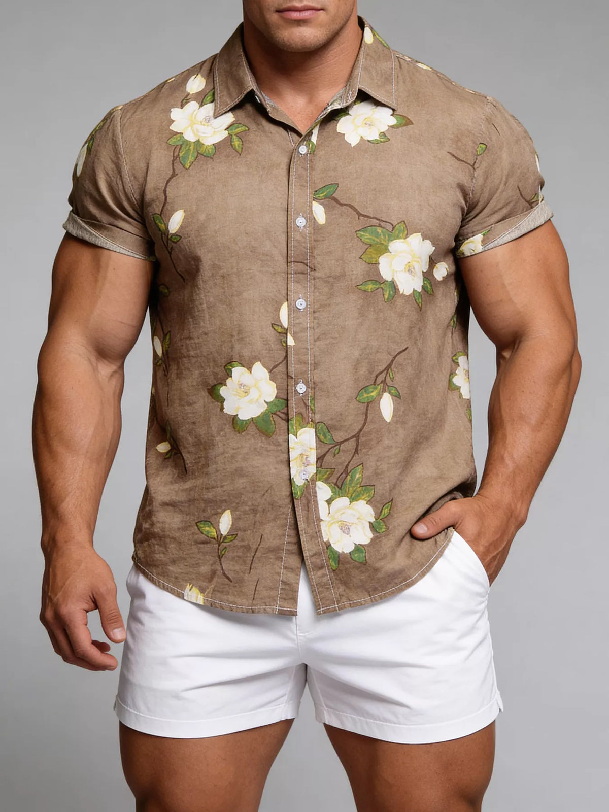 Men's camel floral short-sleeve button-up shirt with front button placket