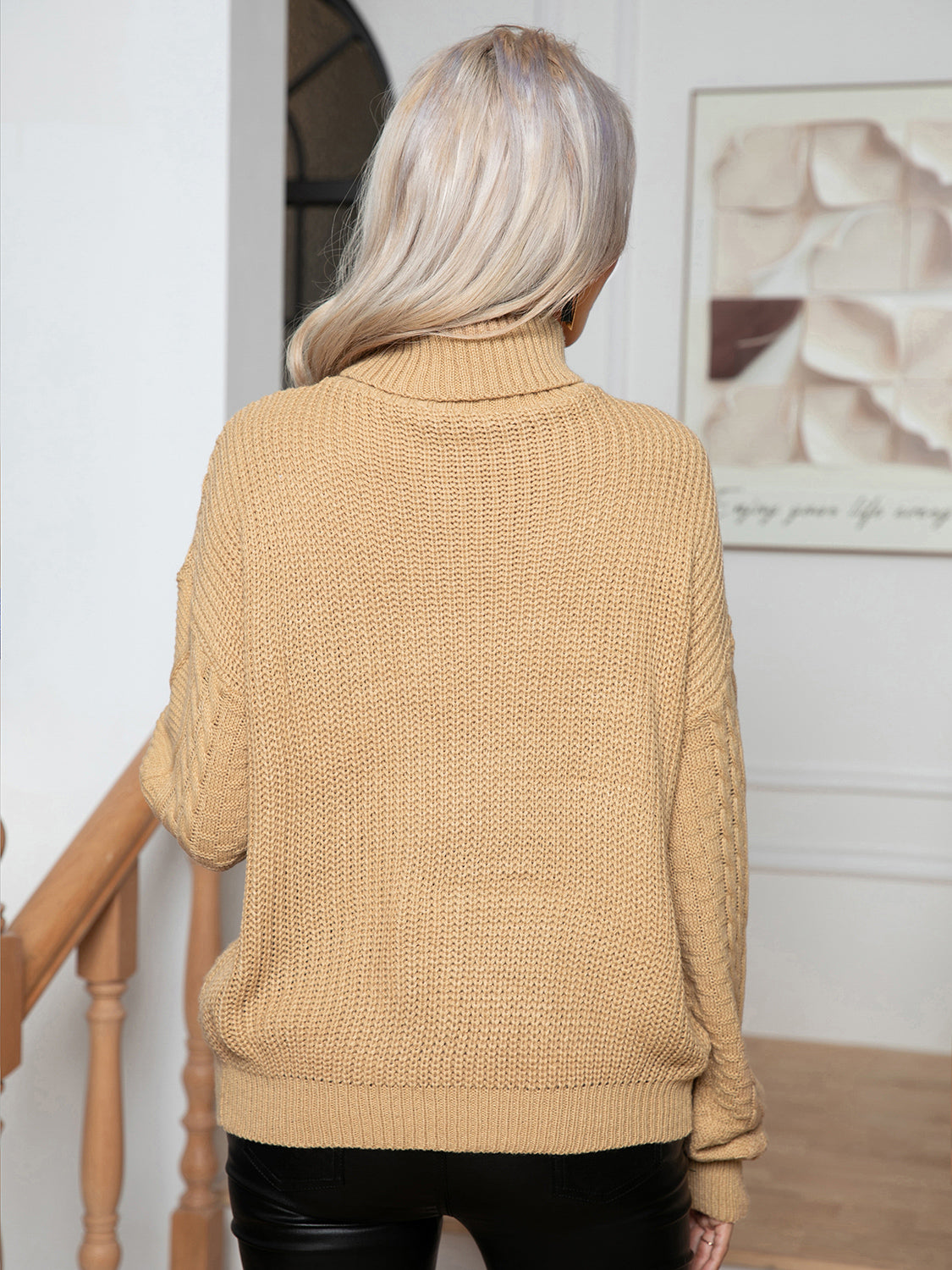 Khaki cable-knit turtleneck long sleeve sweater, back view with diamond texture