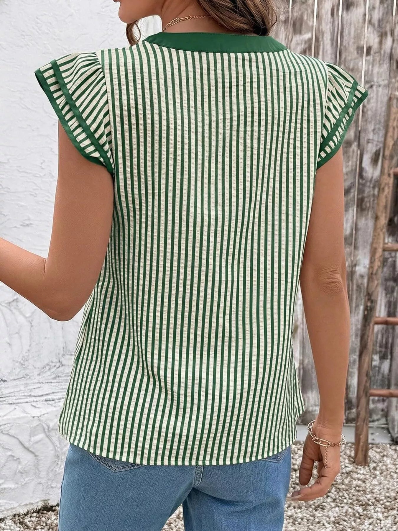 Striped Ruffle Sleeve Blouse by Trendsi, green/white vertical stripes.