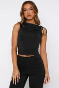 Black ruched tie-shoulder sleeveless crop tank top with side gather