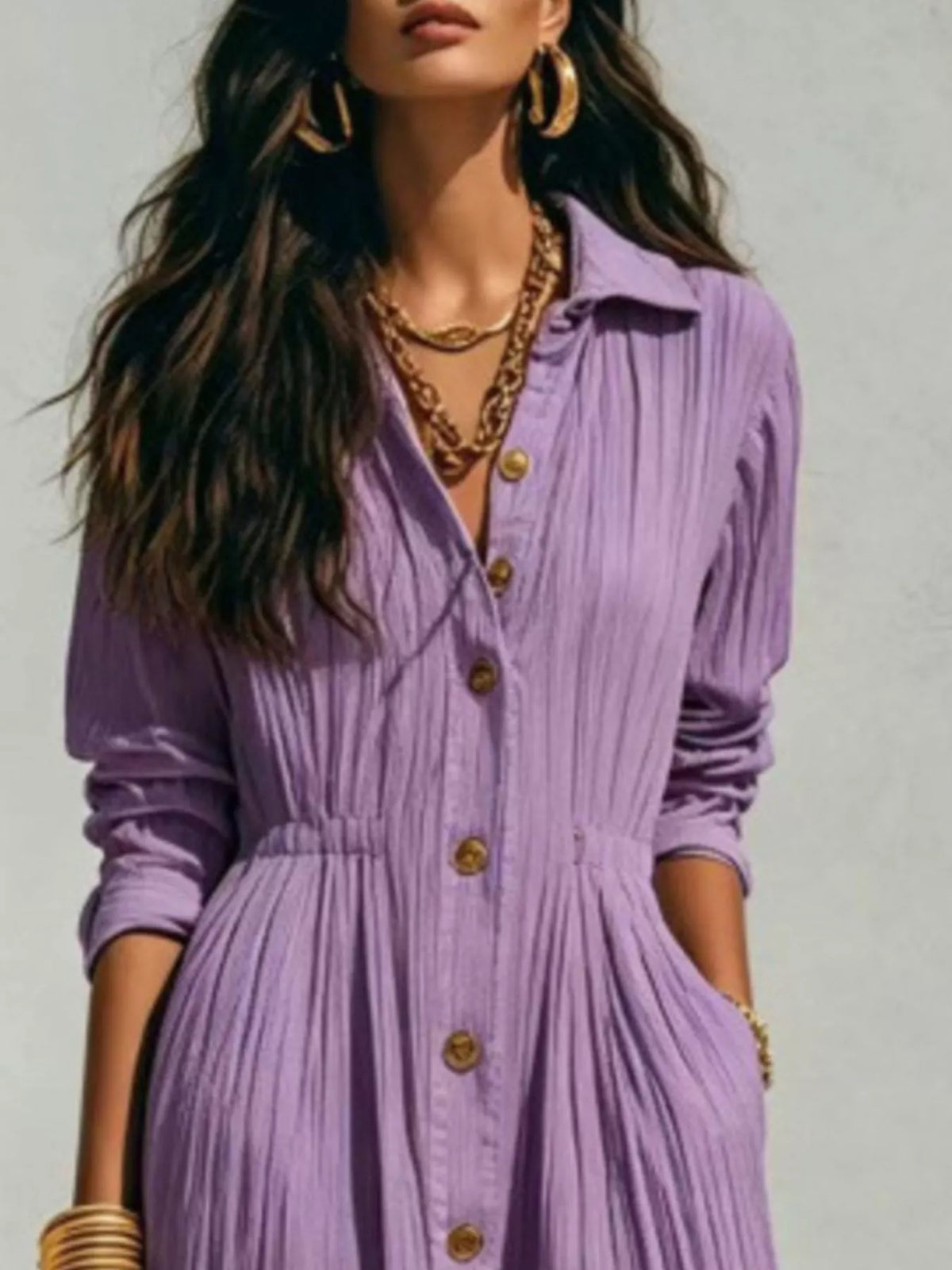 Lilac button-front shirtdress close-up with gold-toned buttons and gathered waist detail