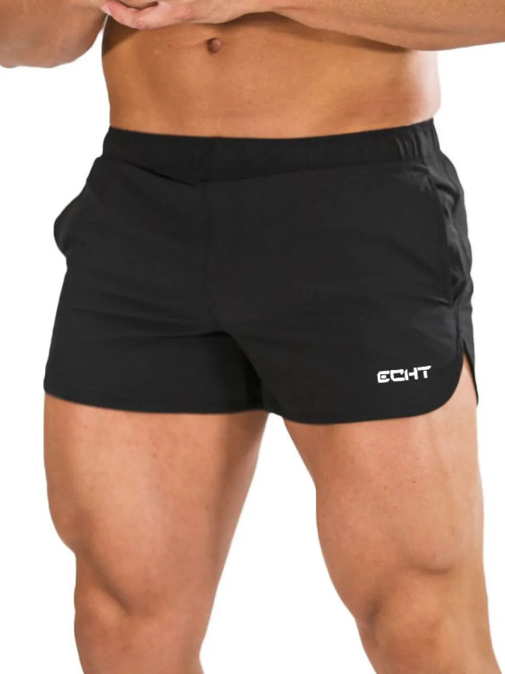 Men's plus-size quick-dry shorts with pockets, black, front view, side logo detail