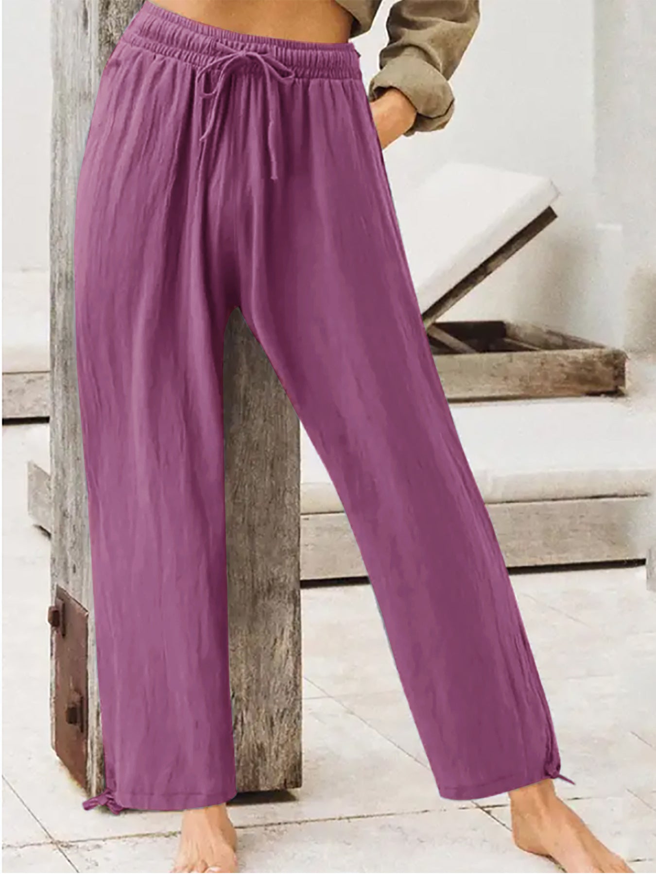 Wide-leg drawstring cotton-spandex pants with elastic waist, purple