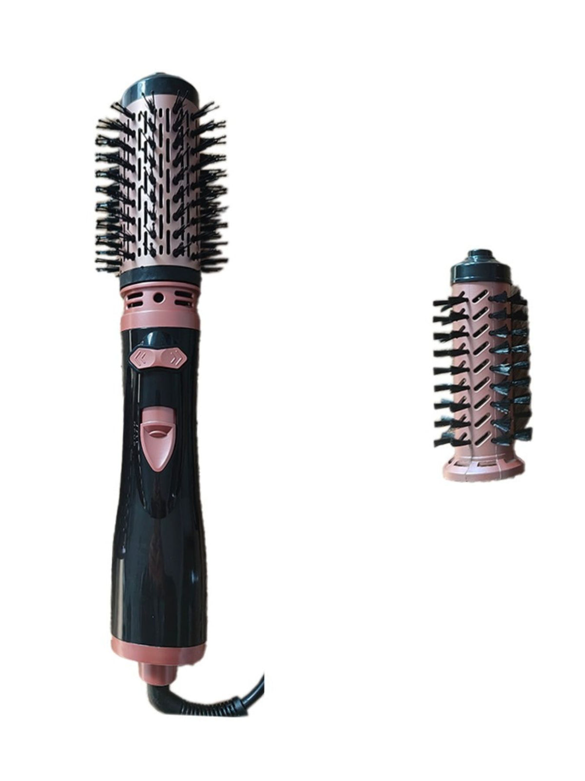 Blue hot air brush hair dryer styler with round bristle brush barrel attachment