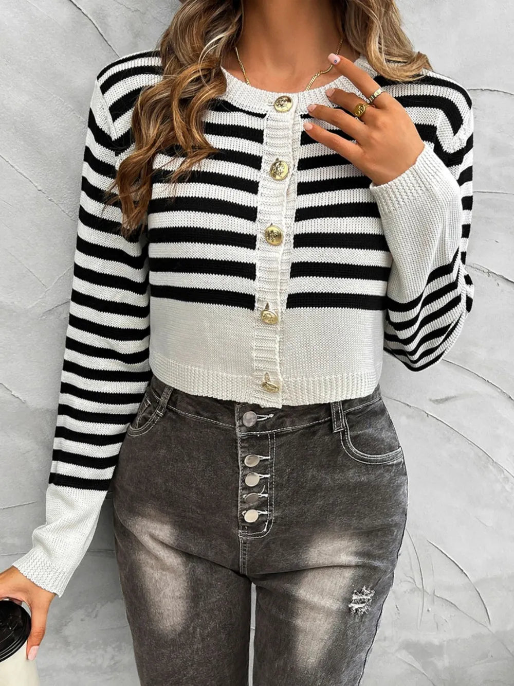 Striped knit button cardigan with gold-tone buttons and round neckline, long sleeves